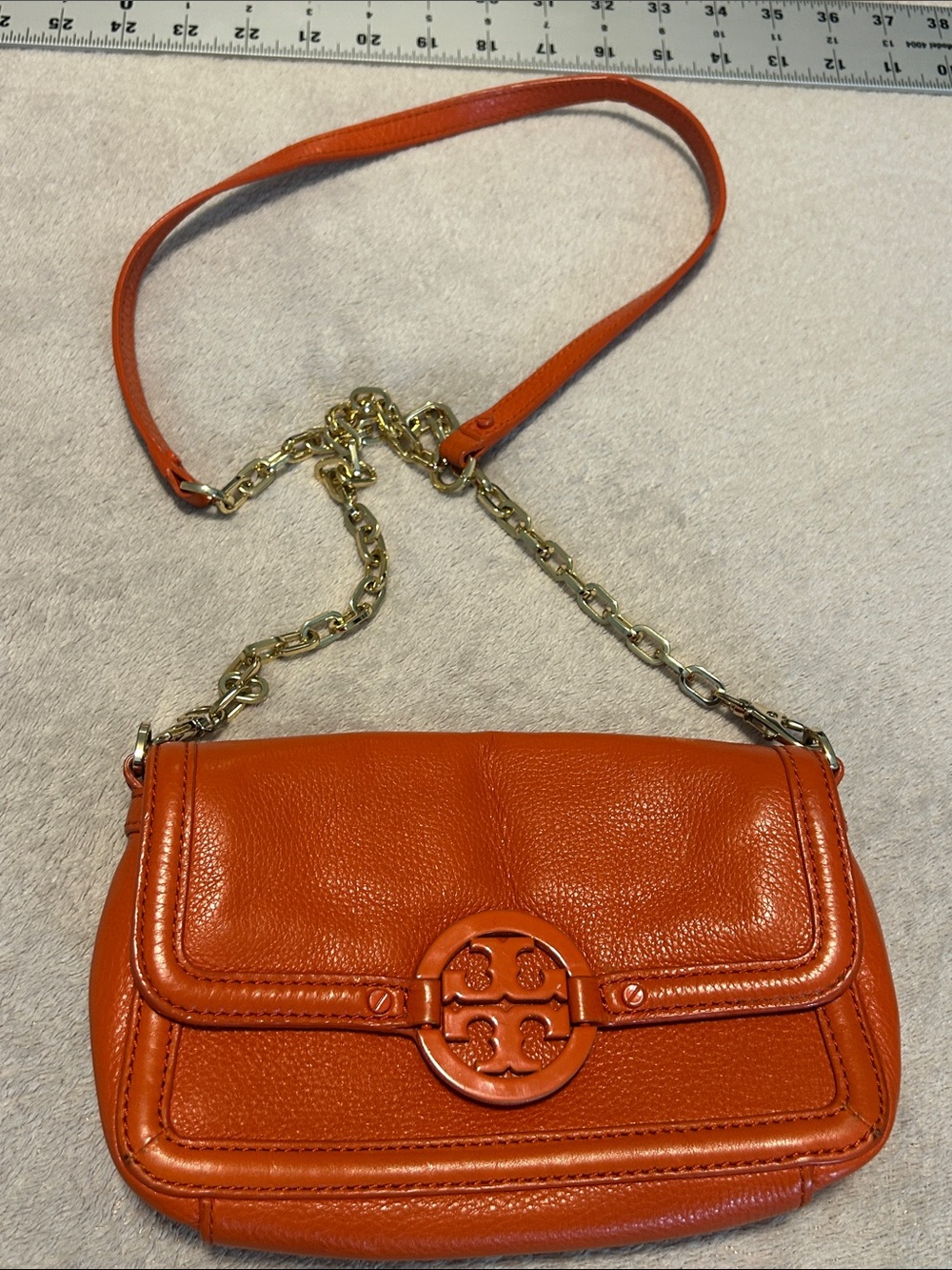 Orange Leather Crossbody Shoulder Bag with Gold Chain